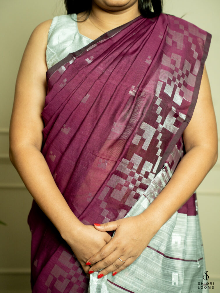 Handwoven cotton silk Jamdani saree in burgundy and grey