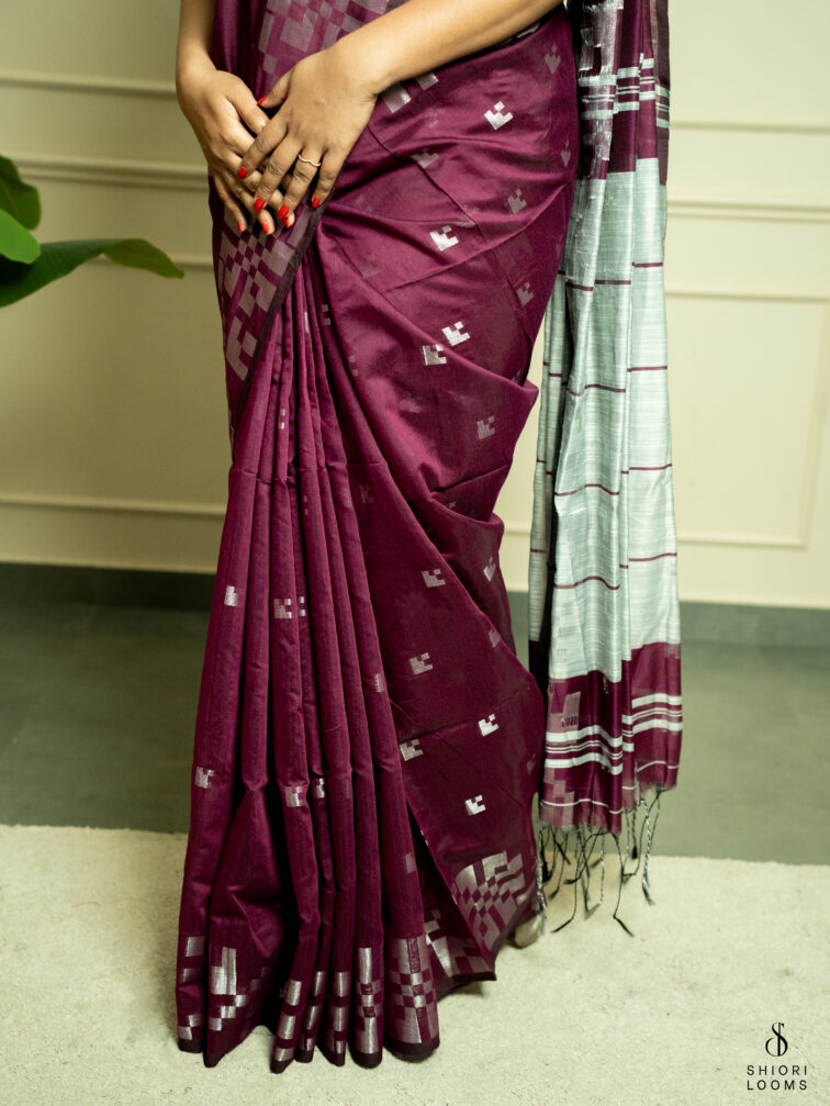Handwoven cotton silk Jamdani saree in burgundy and grey