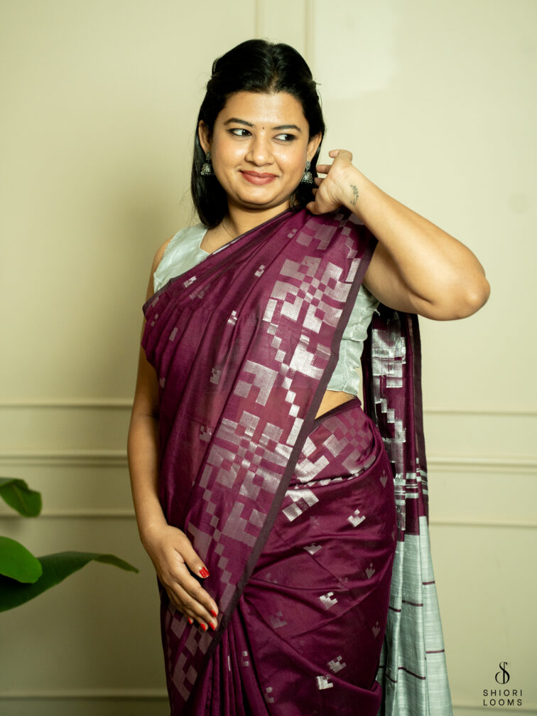 Handwoven cotton silk Jamdani saree in burgundy and grey