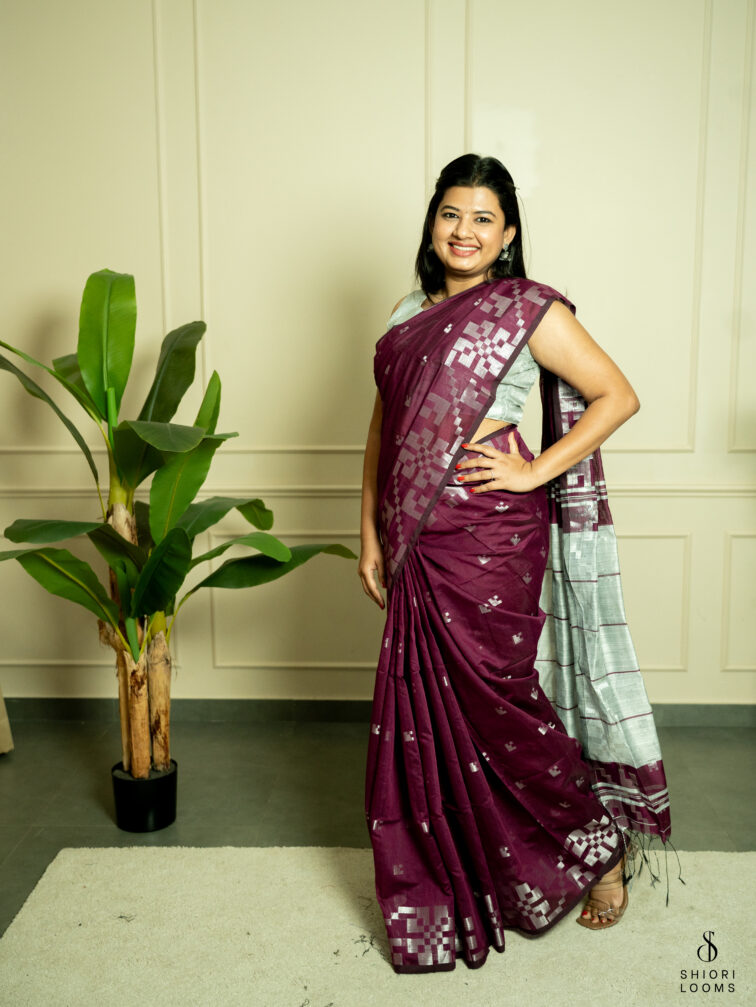 Handwoven cotton silk Jamdani saree in burgundy and grey