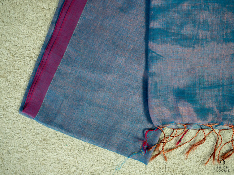 Handwoven cotton tissue saree in blue with pink border