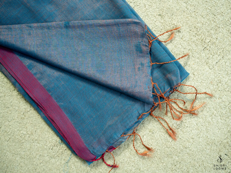 Handwoven cotton tissue saree in blue with pink border