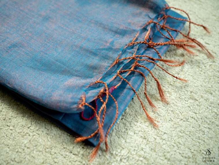 Handwoven cotton tissue saree in blue with pink border