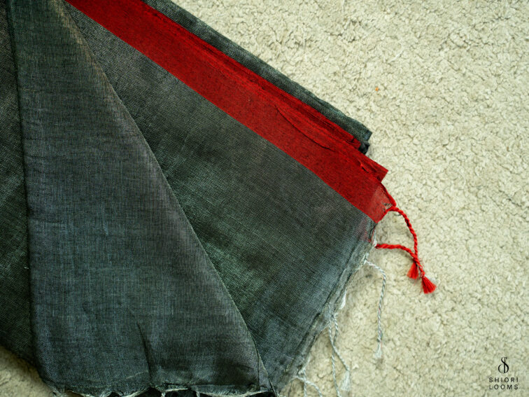 Handwoven cotton tissue saree in grey with red border