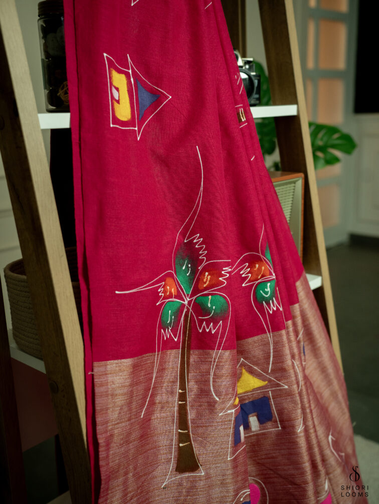 Handpainted cotton saree in Magenta pink