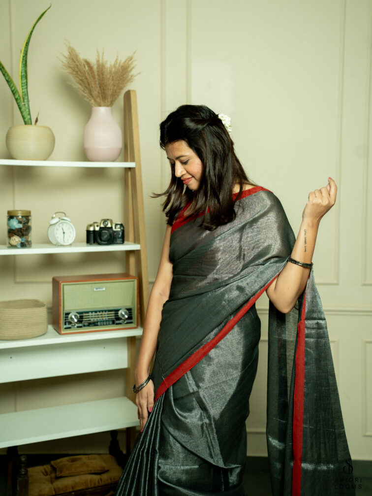 Handwoven cotton tissue saree in grey with red border