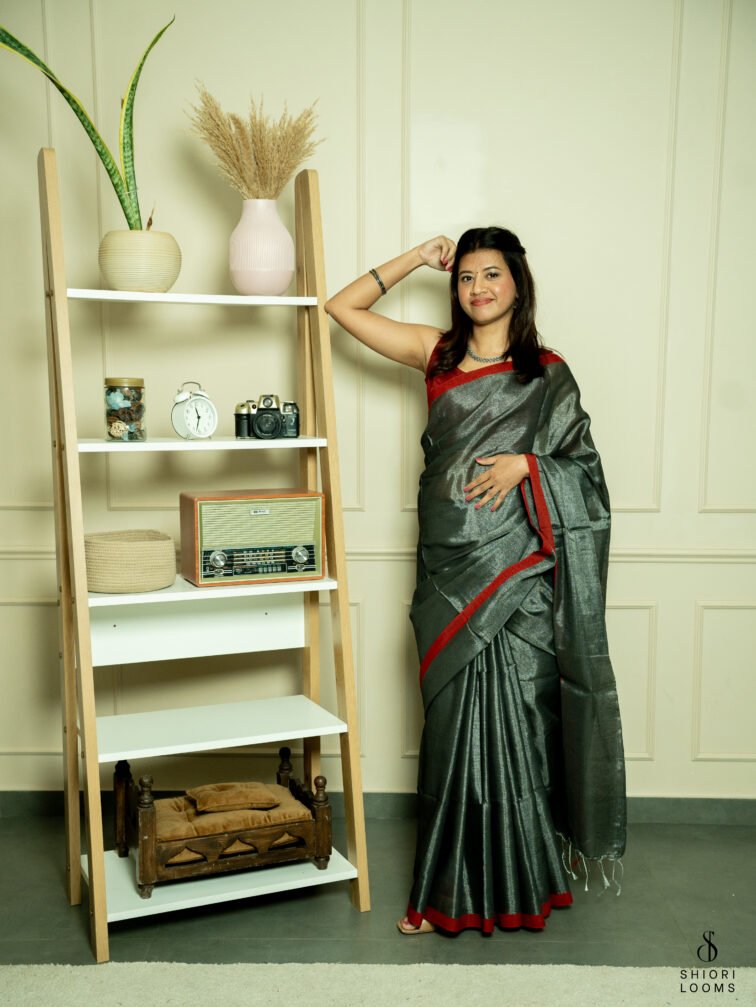 Handwoven cotton tissue saree in grey with red border