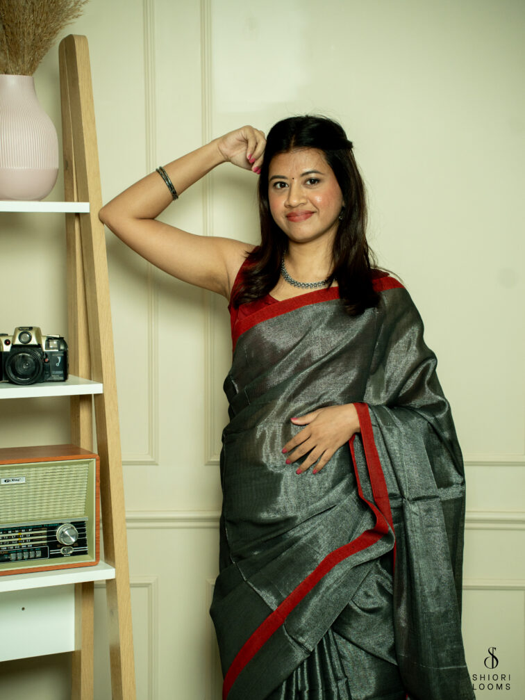 Handwoven cotton tissue saree in grey with red border