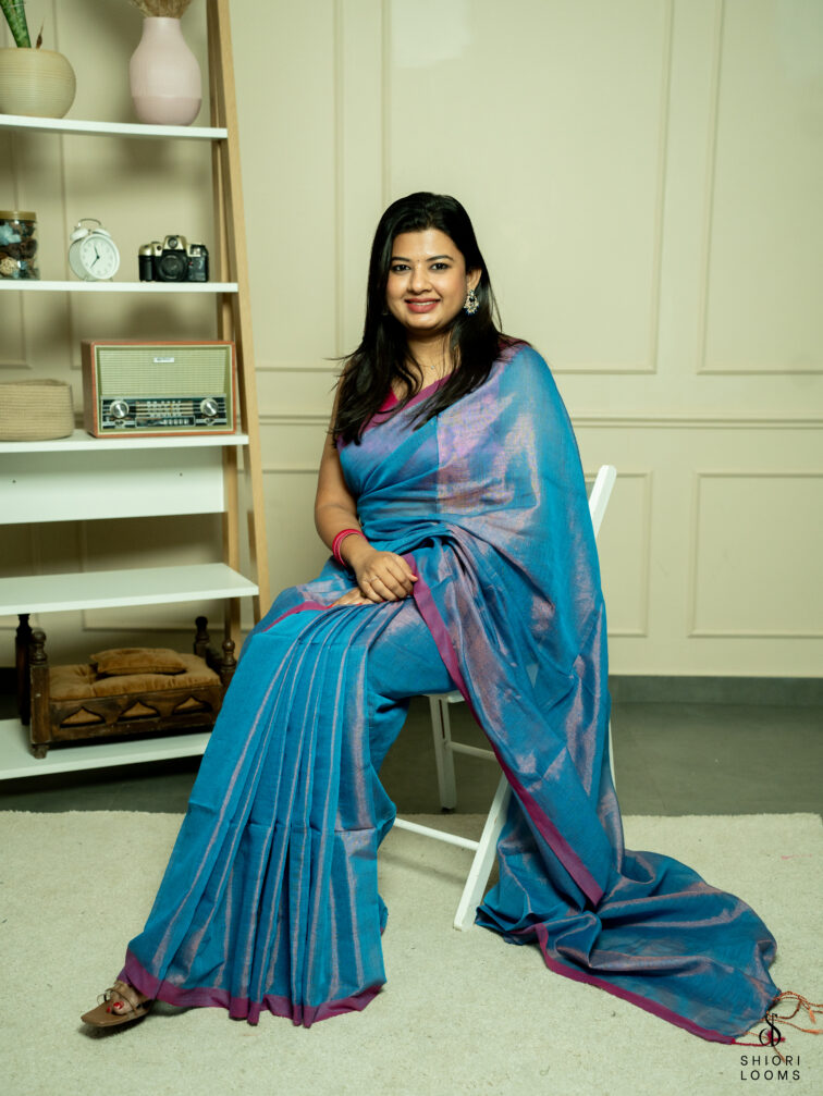 Handwoven cotton tissue saree in blue with pink border