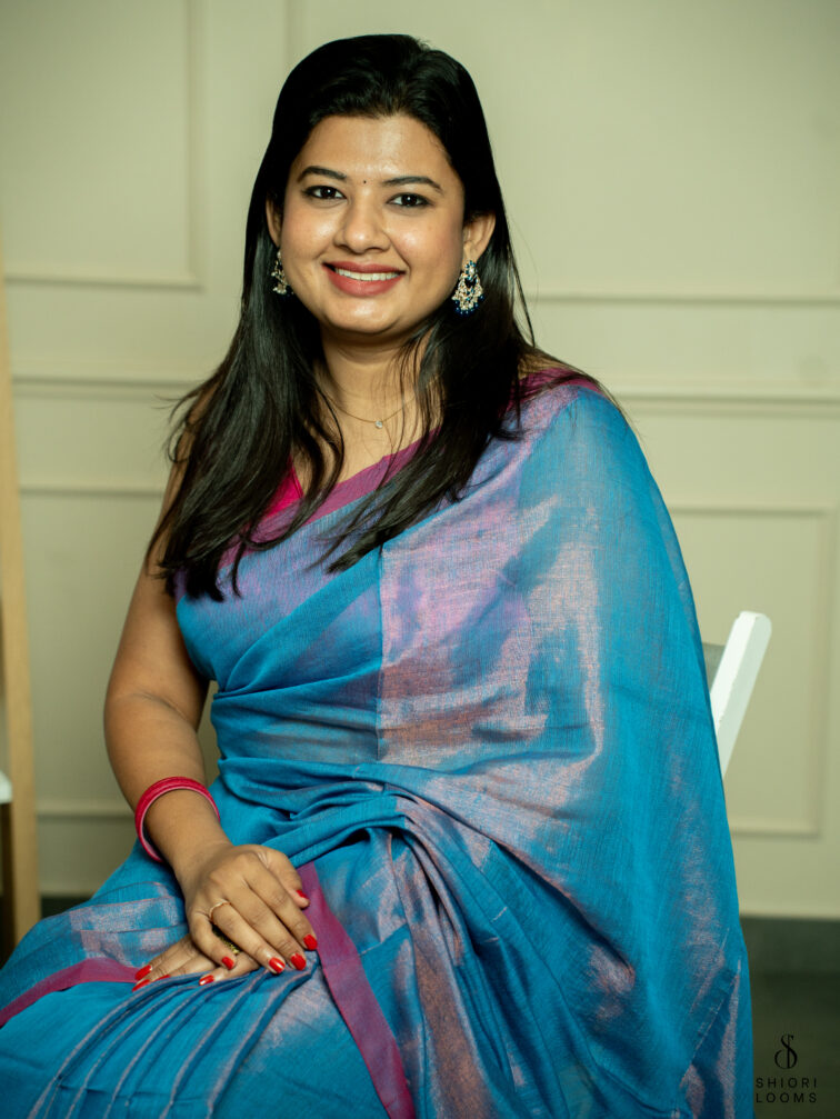 Handwoven cotton tissue saree in blue with pink border