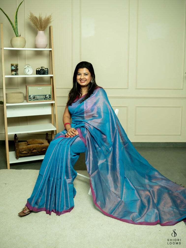 Handwoven cotton tissue saree in blue with pink border
