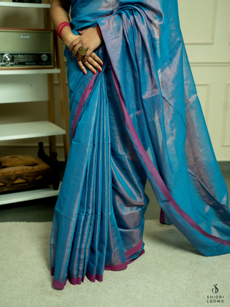 Handwoven cotton tissue saree in blue with pink border