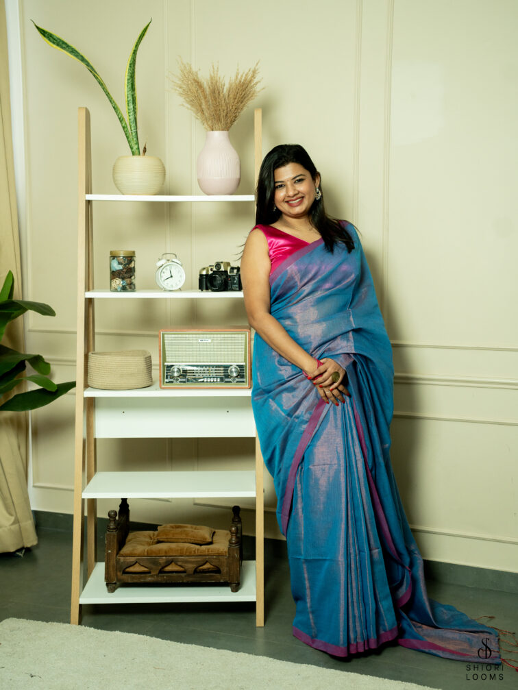 Handwoven cotton tissue saree in blue with pink border