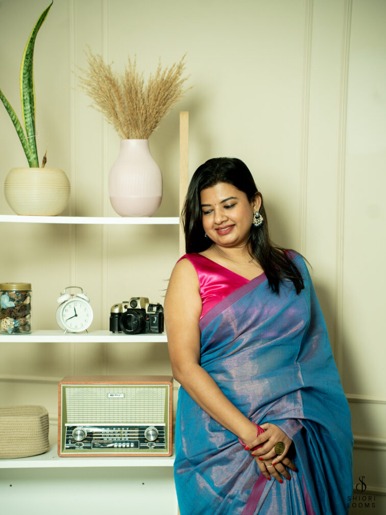 Handwoven cotton tissue saree in blue with pink border