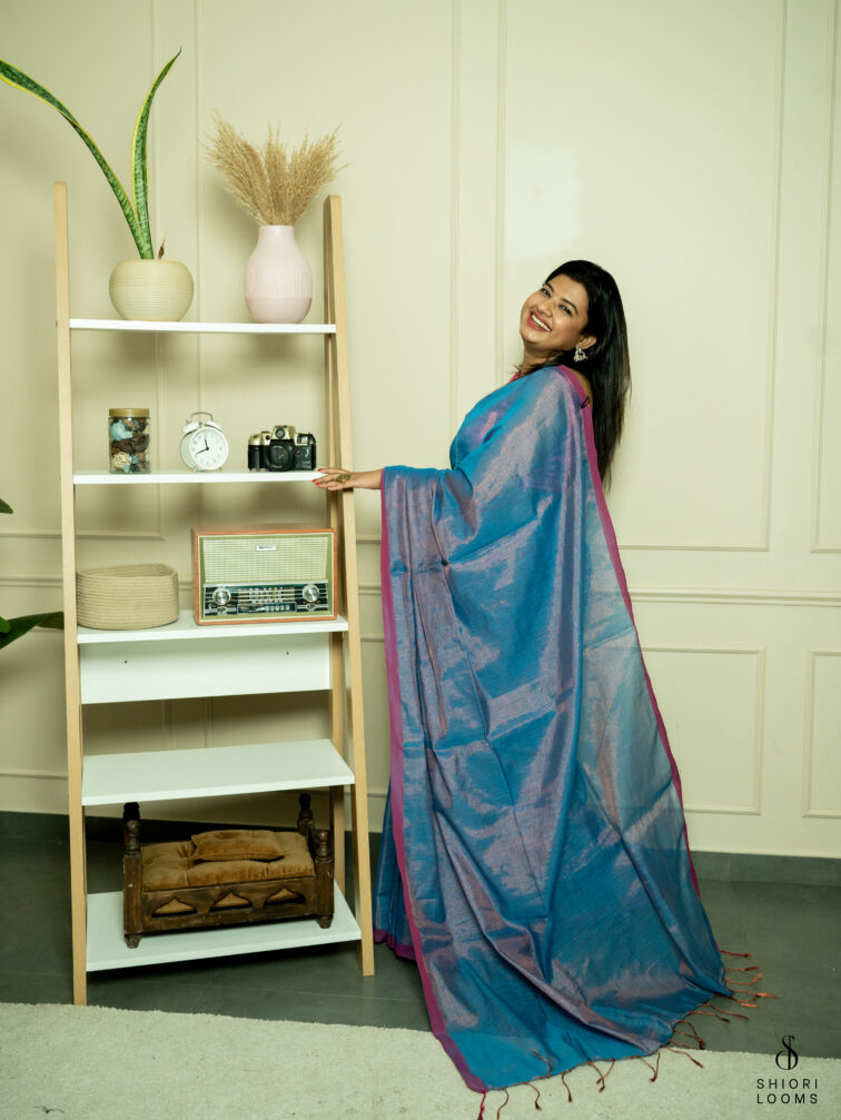 Handwoven cotton tissue saree in blue with pink border