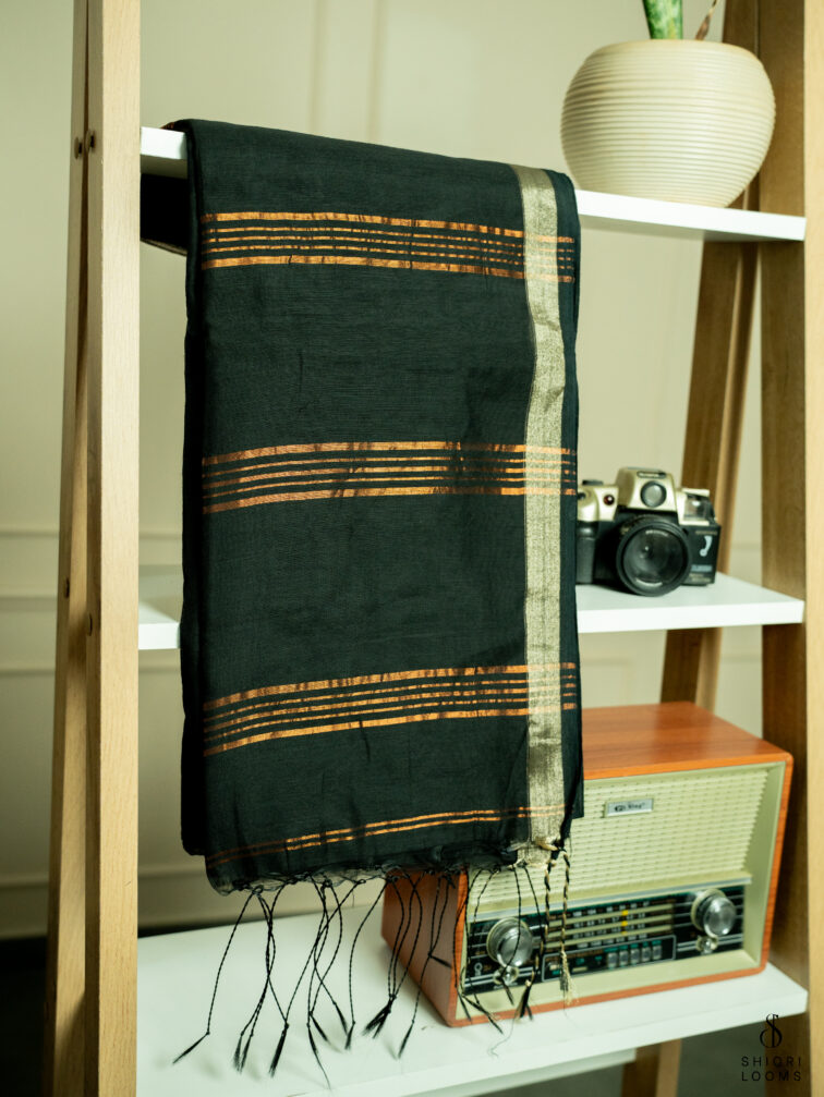 Handwoven cotton silk saree in black