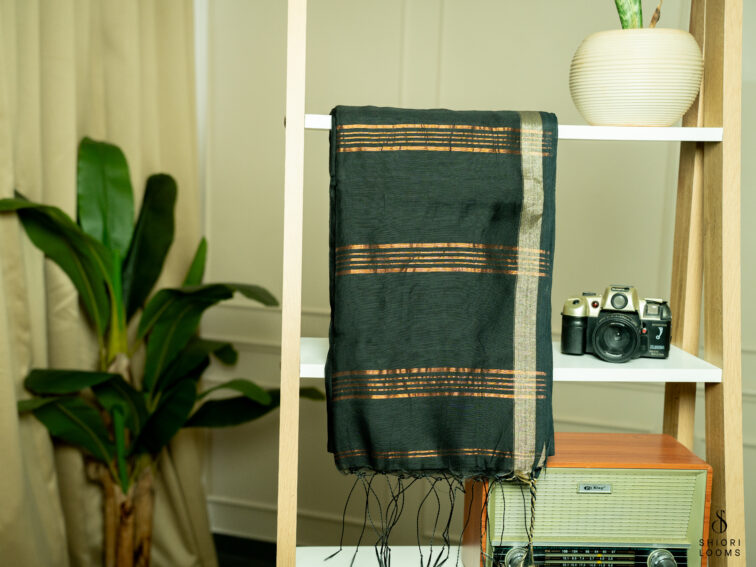 Handwoven cotton silk saree in black