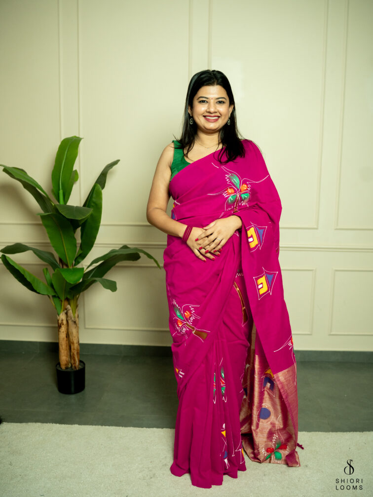 Handpainted cotton saree in Magenta pink