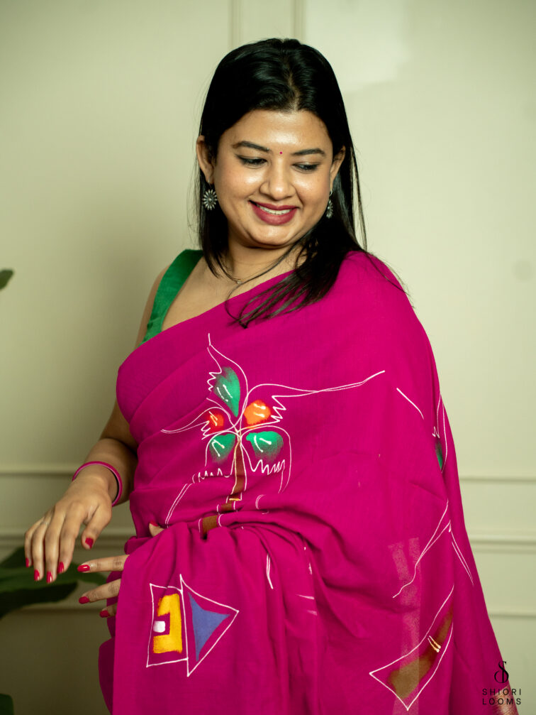 Handpainted cotton saree in Magenta pink