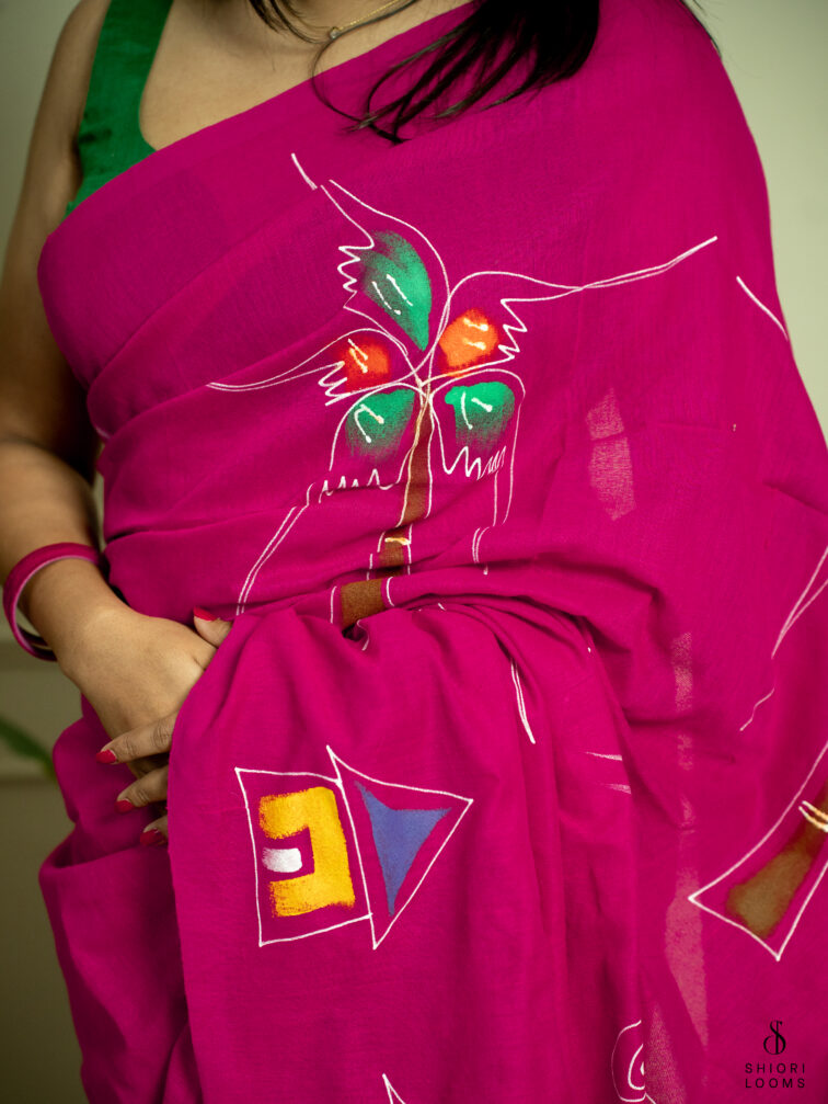 Handpainted cotton saree in Magenta pink