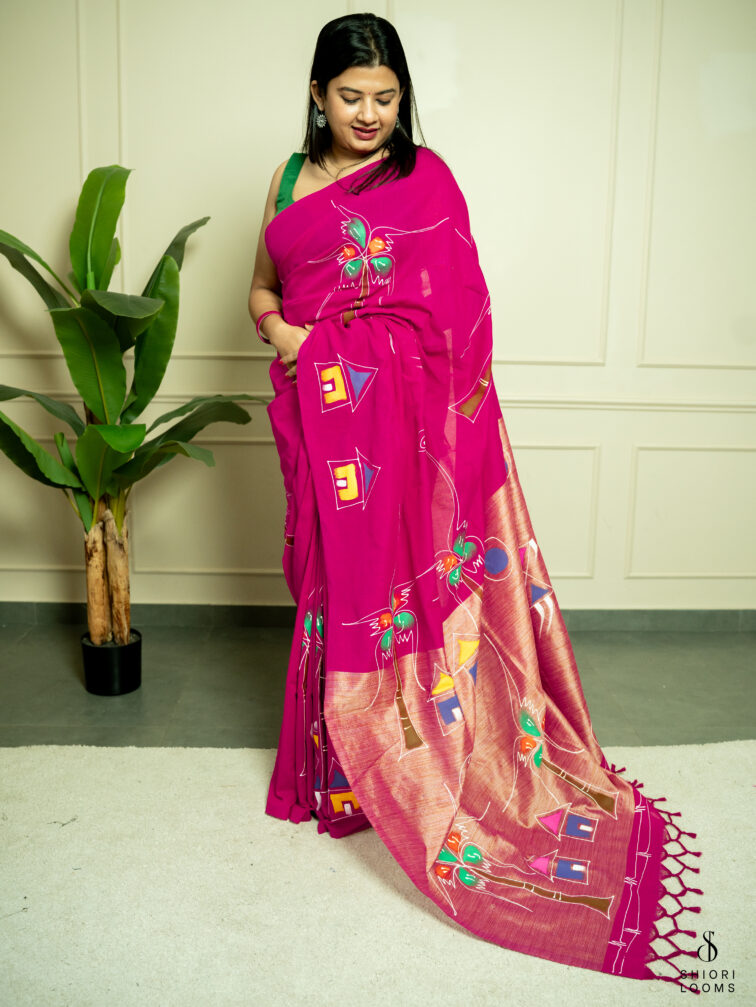 Handpainted cotton saree in Magenta pink