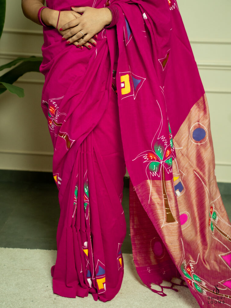 Handpainted cotton saree in Magenta pink