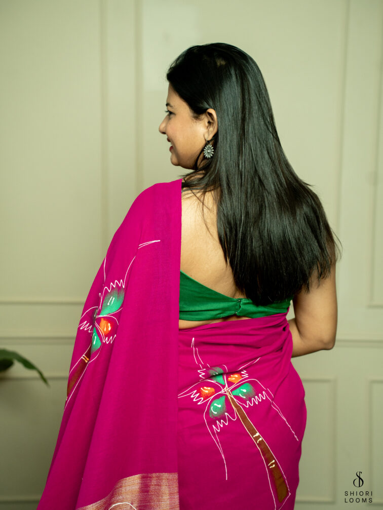 Handpainted cotton saree in Magenta pink