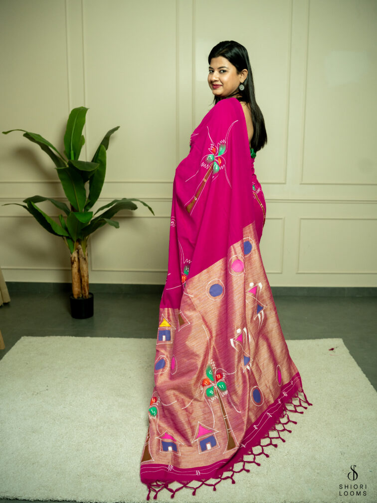 Handpainted cotton saree in Magenta pink