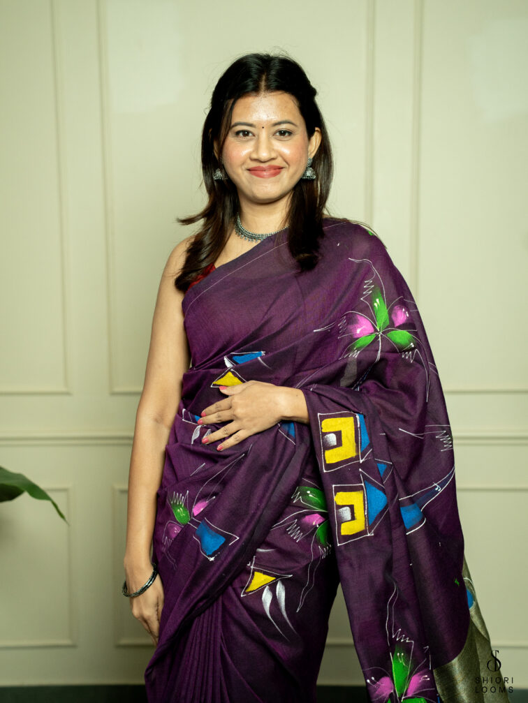 Handpainted cotton saree in purple