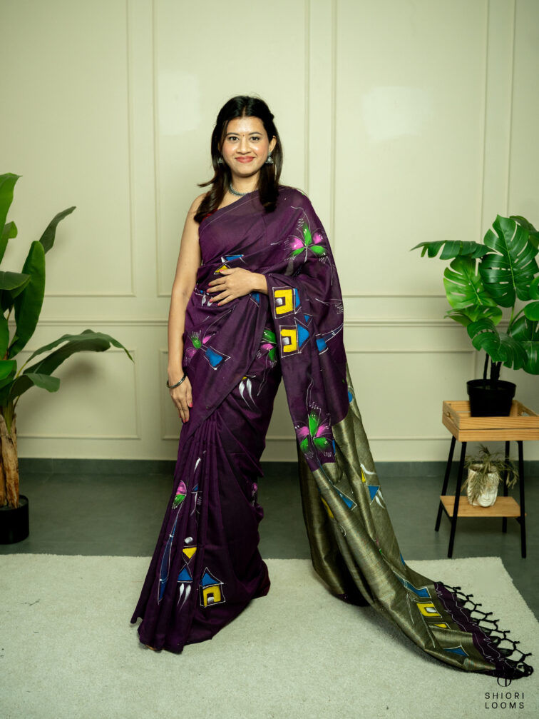 Handpainted cotton saree in purple