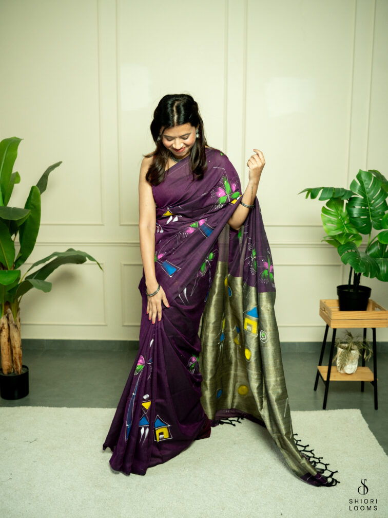 Handpainted cotton saree in purple