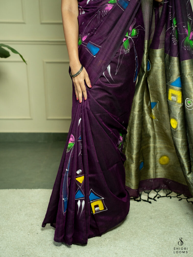 Handpainted cotton saree in purple