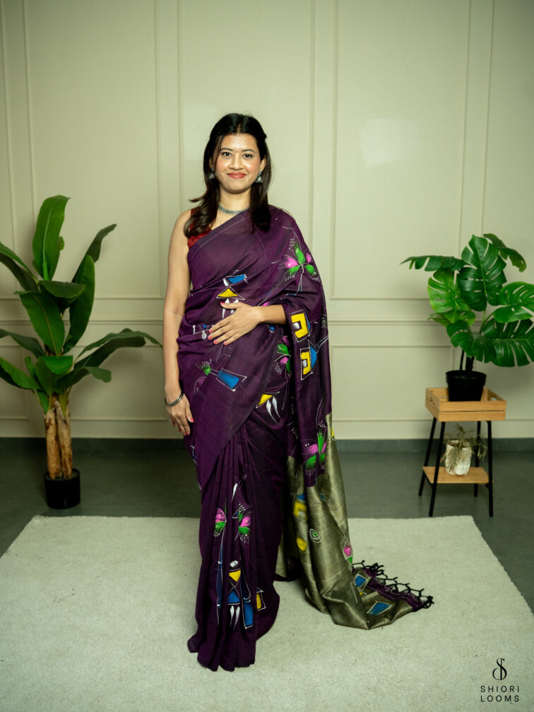 Handpainted cotton saree in purple