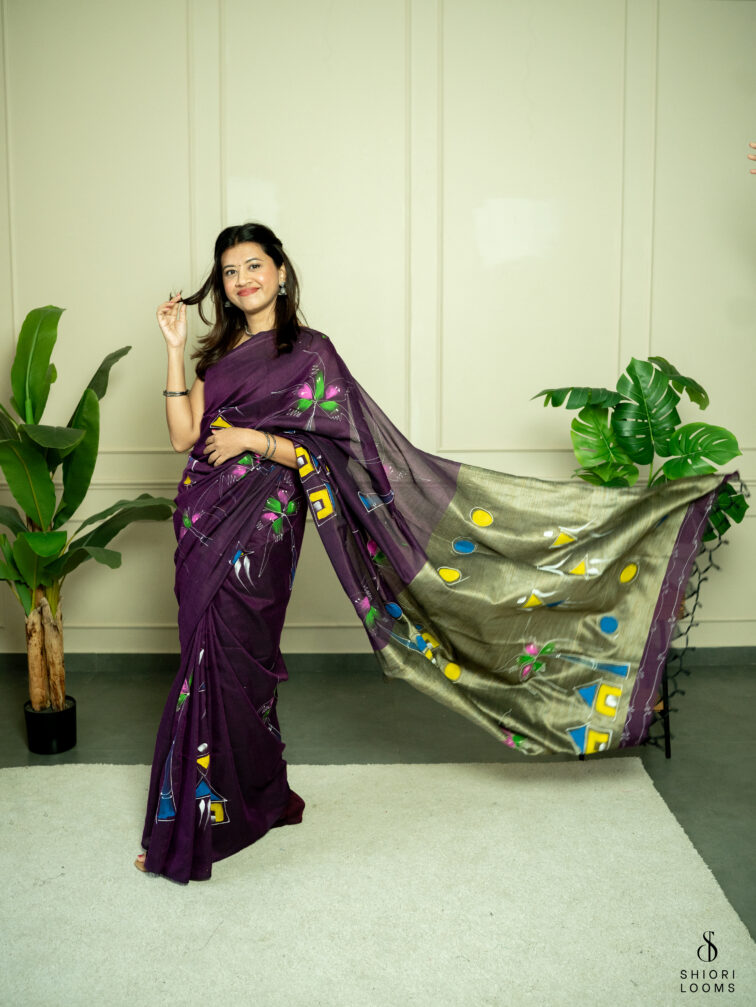Handpainted cotton saree in purple