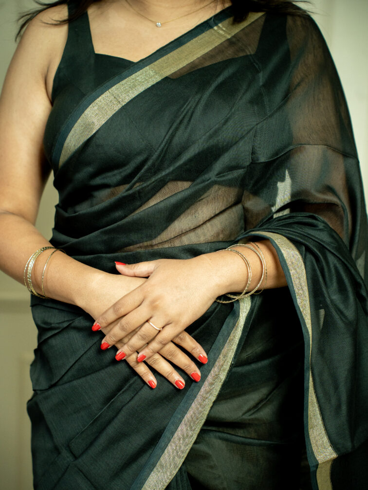 Handwoven cotton silk saree in black