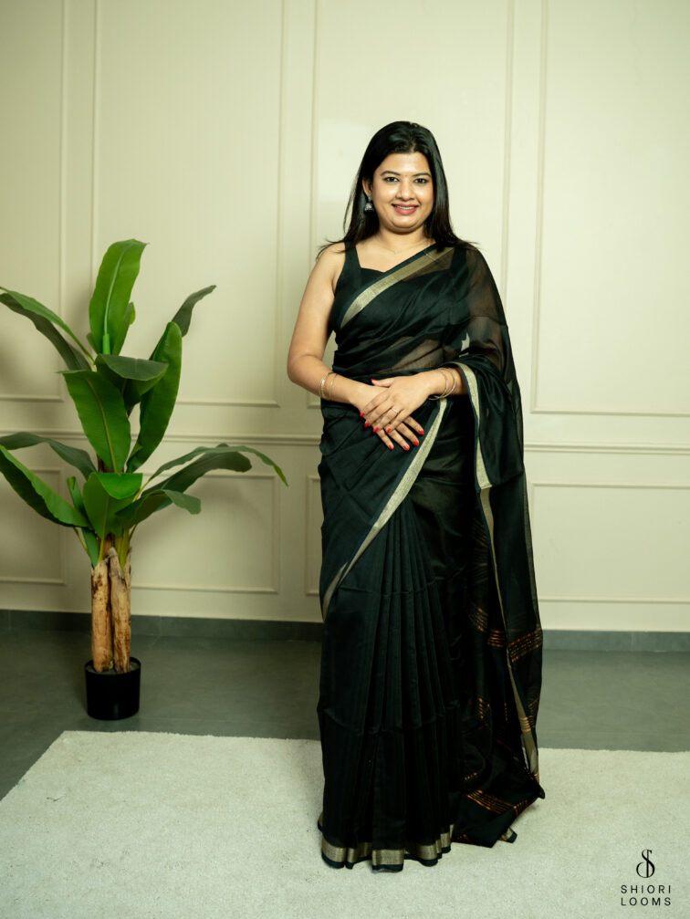 Handwoven cotton silk saree in black