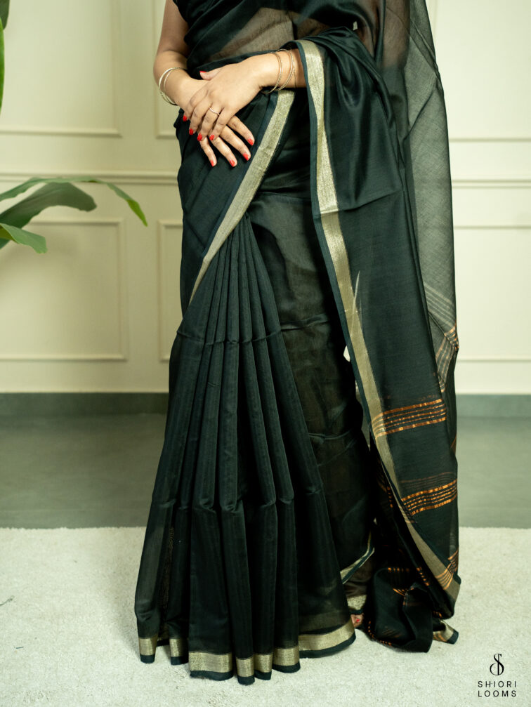 Handwoven cotton silk saree in black