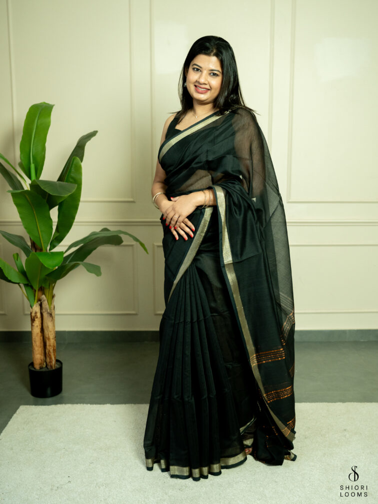 Handwoven cotton silk saree in black