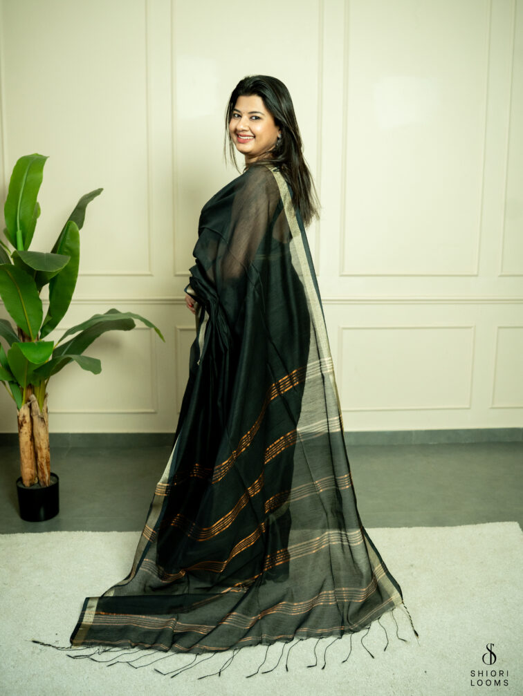 Handwoven cotton silk saree in black