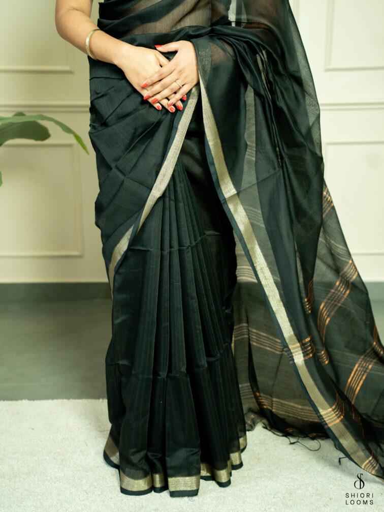 Handwoven cotton silk saree in black