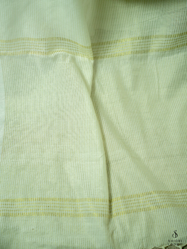 Handwoven white Cotton saree with gold zari stripes