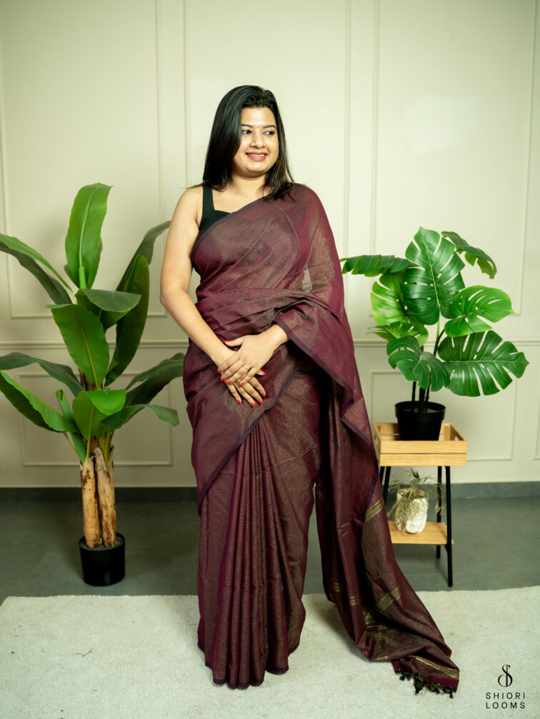 Handwoven Maroon cotton saree with Zari stripes