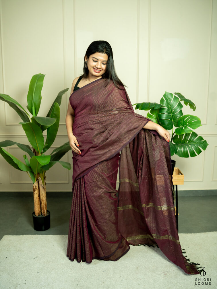 Handwoven Maroon cotton saree with Zari stripes