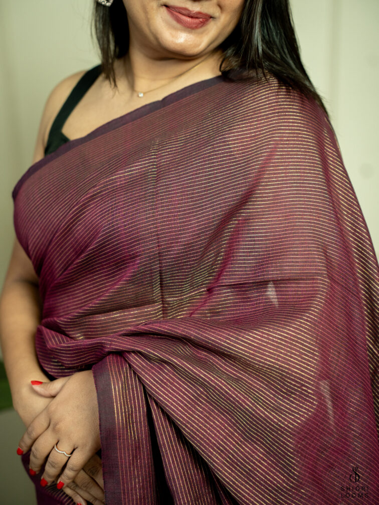 Handwoven Maroon cotton saree with Zari stripes