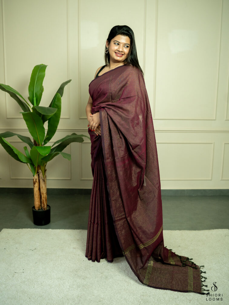 Handwoven Maroon cotton saree with Zari stripes