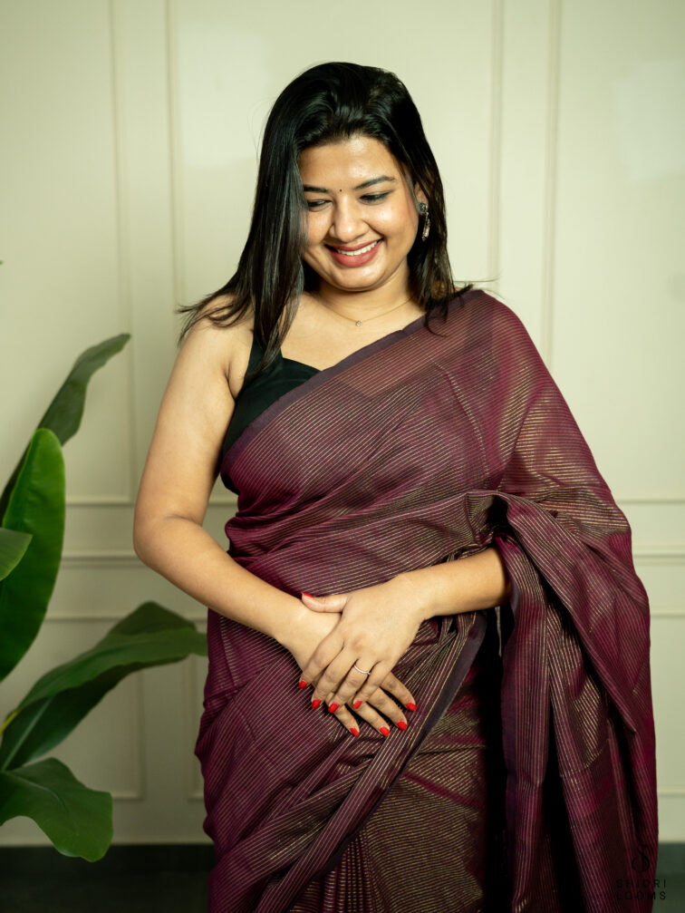 Handwoven Maroon cotton saree with Zari stripes