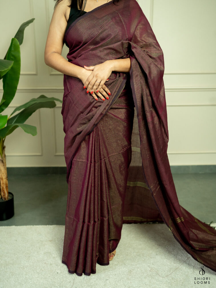 Handwoven Maroon cotton saree with Zari stripes