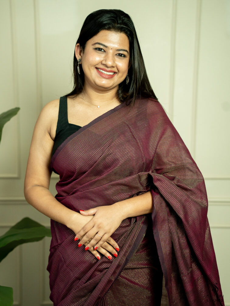 Handwoven Maroon cotton saree with Zari stripes