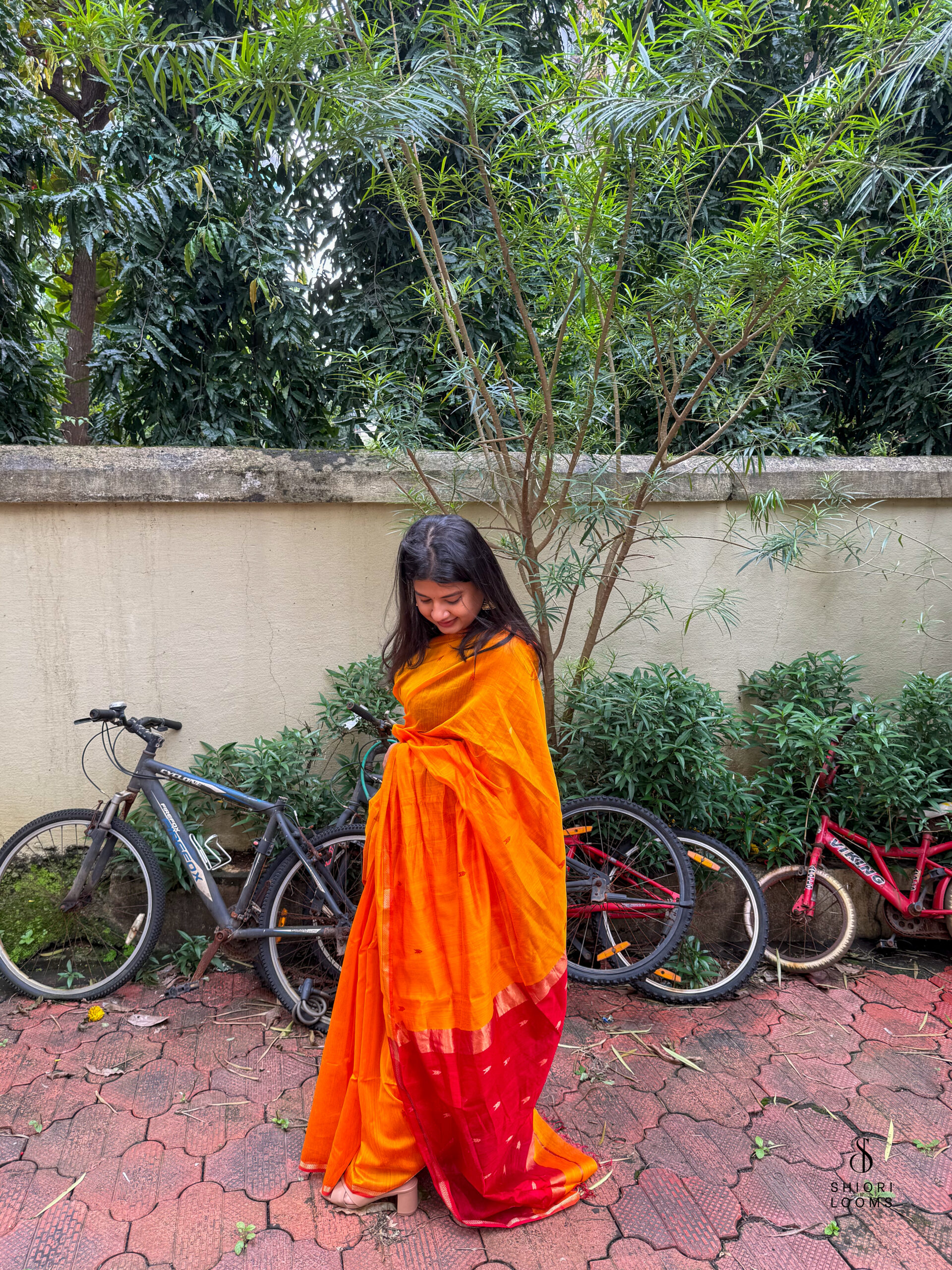 Handwoven Silk Cotton Maheshwari Saree in Yellow with Red Pallu