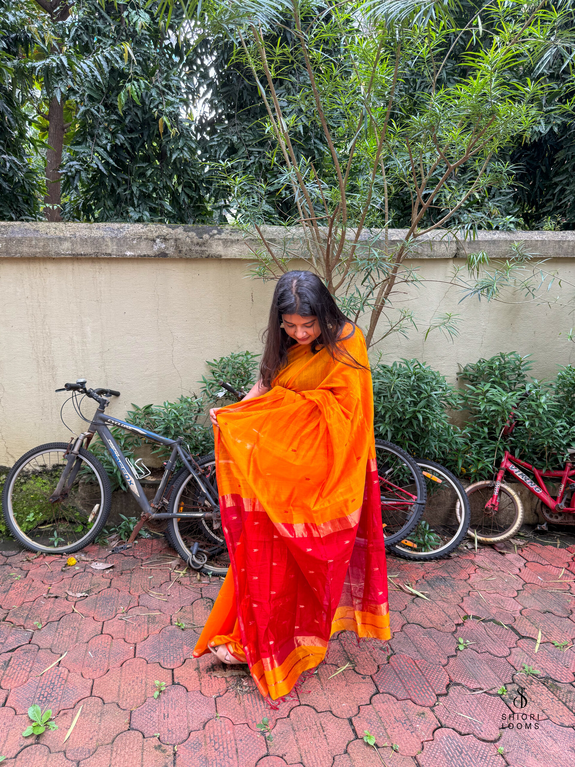 Handwoven Silk Cotton Maheshwari Saree in Yellow with Red Pallu